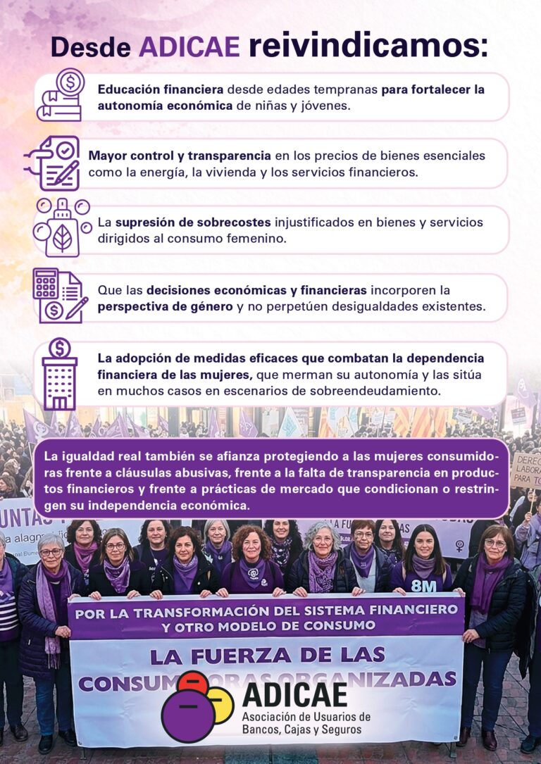 MANIFIESTO DE ADICAE POR EL 8M – ESTE 8 DE MARZO REIVINDICAMOS LA IGUALDAD EN EL ÁMBITO DE LA ECONOMÍA COTIDIANA